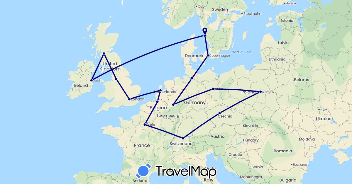TravelMap itinerary: driving in Belgium, Switzerland, Czech Republic, Germany, Denmark, France, United Kingdom, Ireland, Netherlands, Poland, Sweden (Europe)
